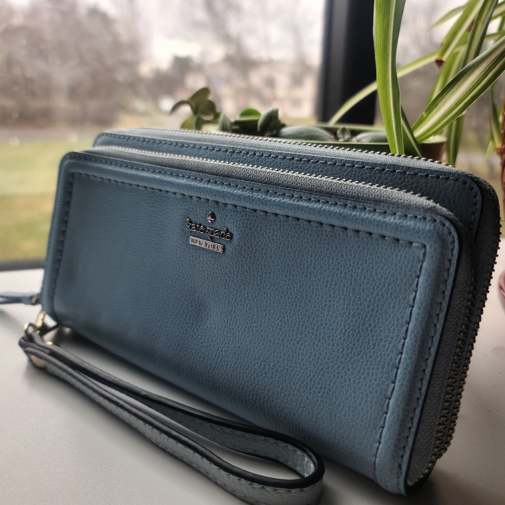 Kate Spade. Leather. Double-Zip Wallet. Sky Blue